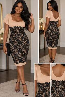 Antonio Melani Dress Size 10 Black Lace Nude Short Sleeve Pencil Fitted